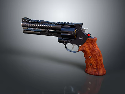 Detailed Revolver Firearm With Black Barrel Wooden Grip Metal Components And Red Accent 3d model