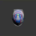 Modern Tactical Weapon Helmet Featuring Blue Red Green Accents And Brand Logos Design