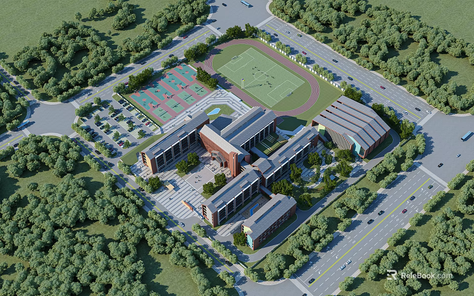 School Campus Buildings With Sports Field Green Areas And Surrounding Trees 3d model 
