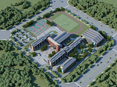 School Campus Buildings With Sports Field Green Areas And Surrounding Trees 3d model