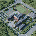 School Campus Buildings With Sports Field Green Areas And Surrounding Trees