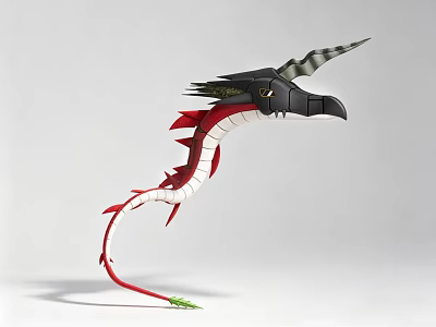 Dragon Doll With Black Head Red Body Long Tail Horns And Green Accents 3d model