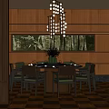 Stylish Private Dining Room With Wooden Walls Bamboo Artwork Chandelier And Dining Table Setup