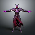Man in Purple Armor with Horns Red Tattered Cape and Purple Glowing Hands