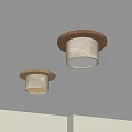 Two Modern Ceiling Lights With Wooden Base And Textured Shade On White Ceiling