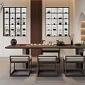Modern Zen Tea Room Interior With Table Chairs Display Shelves And Plants