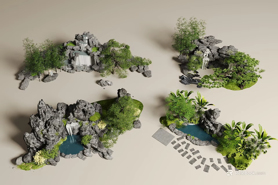 Natural Rockery Stones Landscape Design With Waterfall Green Plants Small Pond and Stone Path 3d model 
