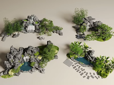 Natural Rockery Stones Landscape Design With Waterfall Green Plants Small Pond and Stone Path 3d model