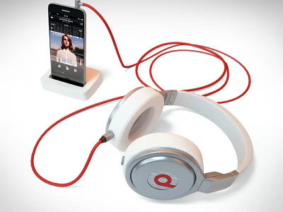 White And Silver Headphones With Red Cable Connected To Smartphone On Stand And Q Logo 3d model