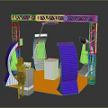 Exhibition Booth With White Metal Frame Blue Curved Structures Orange Floor And Woman At