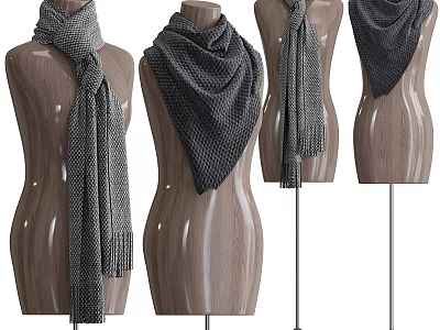 Fashionable Gray Knit Scarves Displayed On Wooden Mannequins With Various Designs 3d model