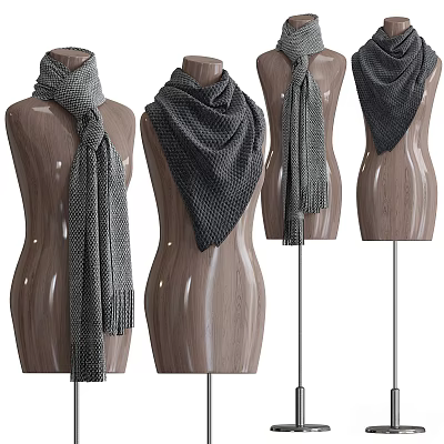 Fashionable Gray Knit Scarves Displayed On Wooden Mannequins With Various Designs 3d model