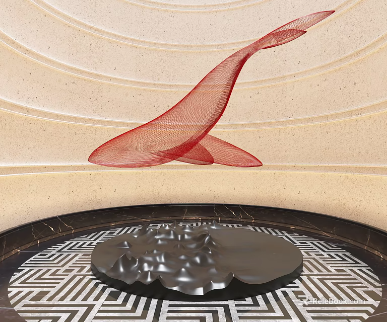 Silver Sculpture Carving On Black Circular Base With Beige Wall Curved Lines And Red Mesh Ribbon 3d model 