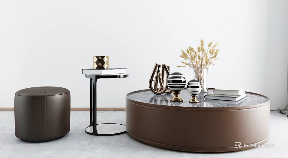 Modern Round Coffee Table With Brown Base Marble Top And Decorative Items 3d model