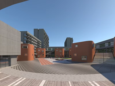 Modern School Buildings With Red Brown Exteriors Circular Structures And Paved Campus Square 3d model