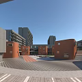 Modern School Buildings With Red Brown Exteriors Circular Structures And Paved Campus Square
