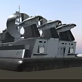 Military Hovercraft With Large Rotating Fans Radar System And Cannons On Water