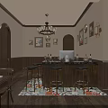 Classic Restaurant Interior With Chandeliers Arched Windows Wooden Tables And Chairs