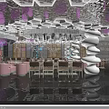 Modern Bar Interior with Neon Lights Colorful Lighting Mirrored Ceiling Bar Counter and Seats