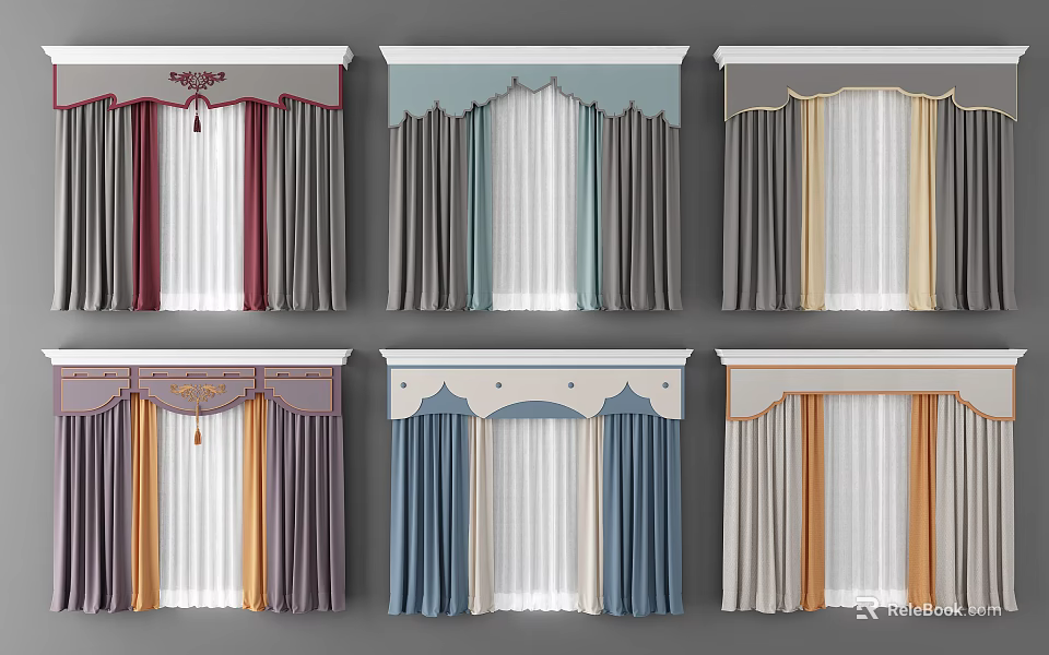 Stylish Curtains Featuring Various Valance Designs And Colorful Fabric Options 3d model 