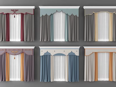 Stylish Curtains Featuring Various Valance Designs And Colorful Fabric Options 3d model