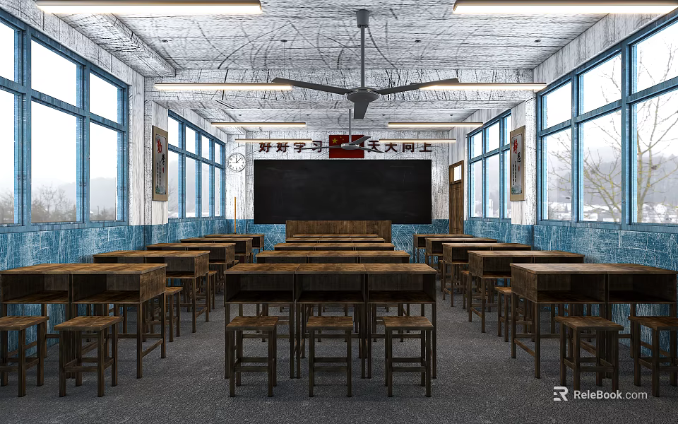 School Classroom Interior With Wooden Desks Chairs Blackboard Slogan Ceiling Fan And Windows 3d model 