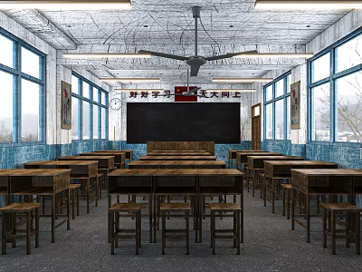 School Classroom Interior With Wooden Desks Chairs Blackboard Slogan Ceiling Fan And Windows 3d model
