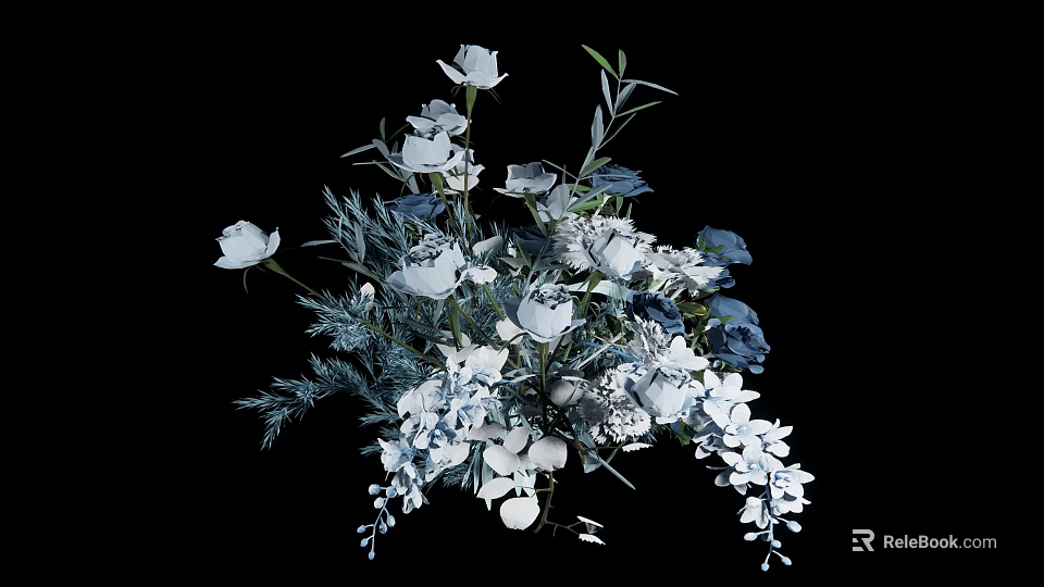 Beautiful Floral Arrangement Showcasing White Blue Flowers And Green Foliage 3d model 