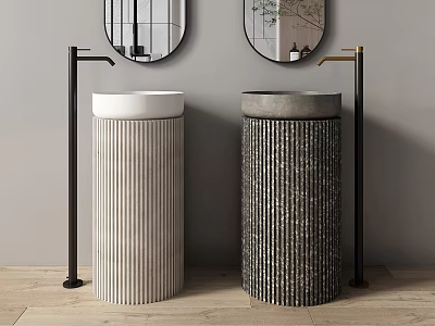 Stylish Pedestal Washbasins With White Striped Dark Textured Faucets Mirrors Gray Wall Wooden Floor 3d model