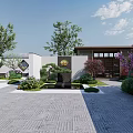 Courtyard Garden Entrance With Black Gateway Stone Pathway Green Shrubs And Circular Lights