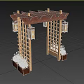 Wooden Garden Pergola With Lattice Sides Top Beams Lantern Lights And Flower Pots