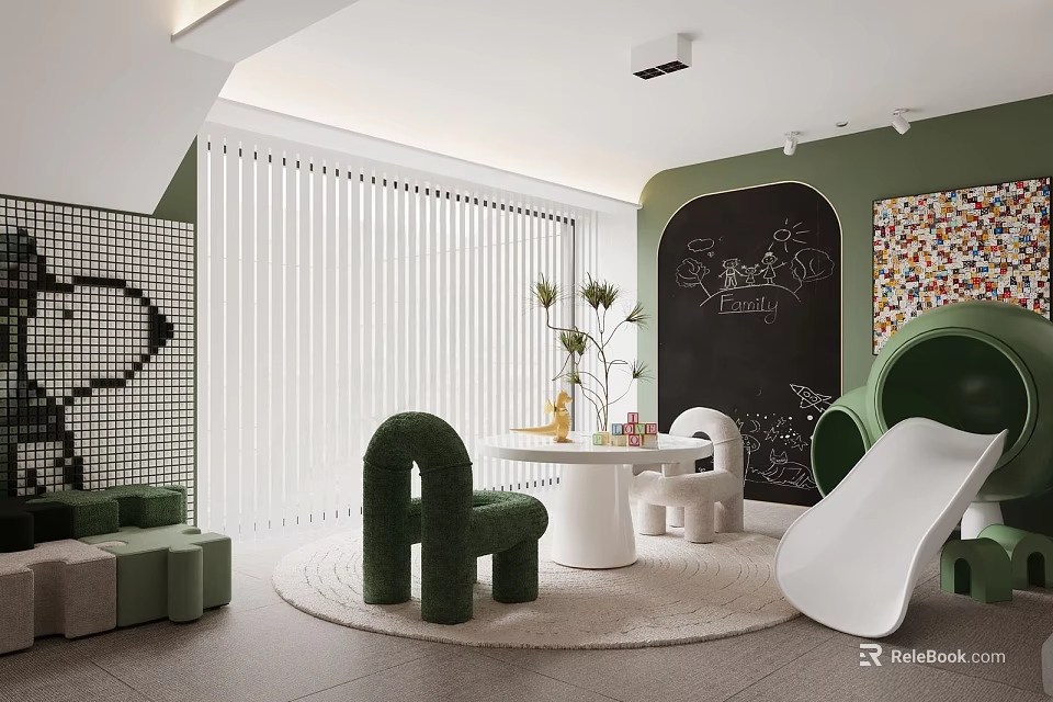 Fun Entertainment Room with Green Wall Blackboard Doodles Slide and Curved Seats 3d model 