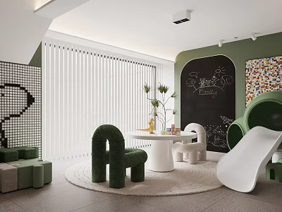 Fun Entertainment Room with Green Wall Blackboard Doodles Slide and Curved Seats 3d model