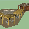Wooden Cabin Exterior Design With Brown Roof Wooden Columns And Brick Steps
