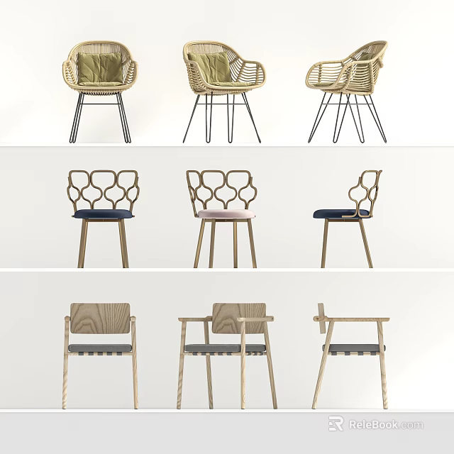 Stylish Accent Chairs Various Styles With Woven Rattan Wooden Frame Geometric Backrest And Padded Seats 3d model 