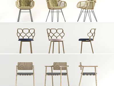 Stylish Accent Chairs Various Styles With Woven Rattan Wooden Frame Geometric Backrest And Padded Seats 3d model