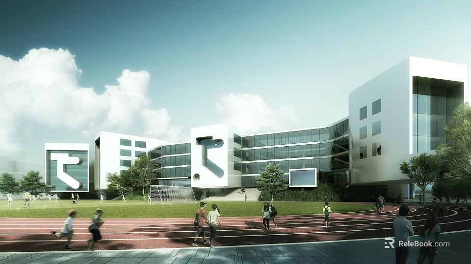 Modern Glass School Campus Buildings With Running Track And Students Activity 3d model 