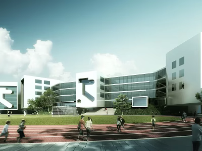 Modern Glass School Campus Buildings With Running Track And Students Activity 3d model