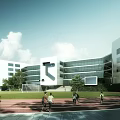 Modern Glass School Campus Buildings With Running Track And Students Activity