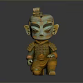 Ancient Warrior Sculpture Carving With Green Orange Armor And Seated Pose