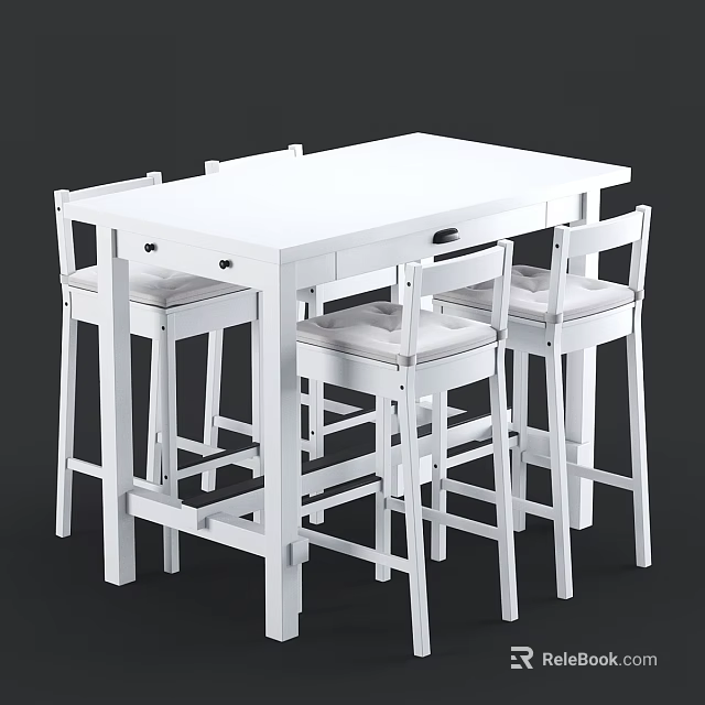 White Dining Table Set With Rectangular Table Four High Chairs And Light Colored Cushions 3d model