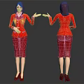 Female Character Red Suit Front and Back View Red Hair Black High Heels Dark Background