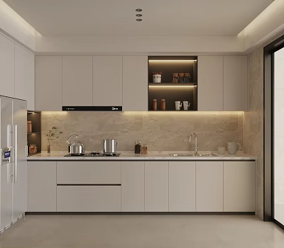 Modern Kitchen Interior Design With White Cabinets Marble Countertop And Built-in Appliances 3d model