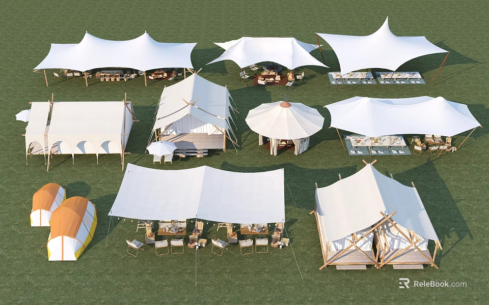 Garden Landscape With Multiple White Tents On Green Lawn And Outdoor Seating Setup 3d model 