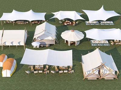 Garden Landscape With Multiple White Tents On Green Lawn And Outdoor Seating Setup 3d model