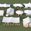 Garden Landscape With Multiple White Tents On Green Lawn And Outdoor Seating Setup