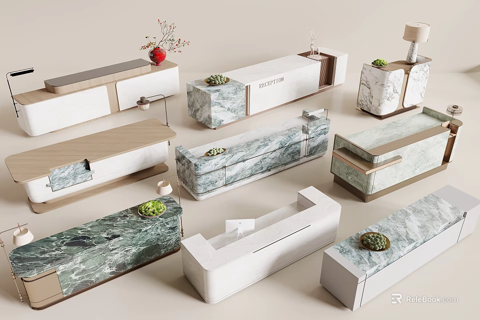 Modern Reception Desk Designs With Marble Surfaces And Decorative Plants 3d model 