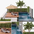 Serene Outdoor Swimming Pool Area With Wooden Deck Lounge Chairs Umbrella Tree Hedge And Waterfall