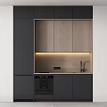 Modern Kitchen With Gray And Wooden Built in Cabinets Sink Faucet And Oven Lighting