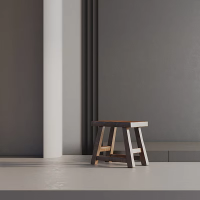 Wooden Side Table With Cross Legs Against Grey Wall And White Pillar On Light Floor 3d model